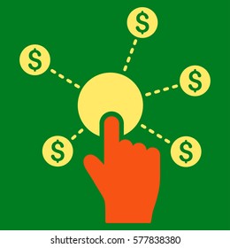 Click Financial Network vector icon. Flat bicolor orange and yellow symbol. Pictogram is isolated on a green background. Designed for web and software interfaces.