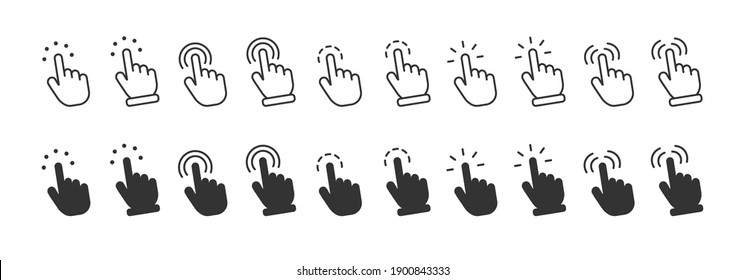 Click finger icon set. Cursor click collection. Computer mouse click cursor gray icons set. Black mouse pointer for technology interface. Mouse click cursor collection. Vector illustration