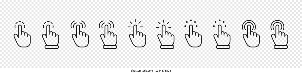 Click finger icon set. Cursor click collection on transparent background. Computer mouse click cursor black icons set. Black pointer for technology interface. Mouse click cursor collection. Vector