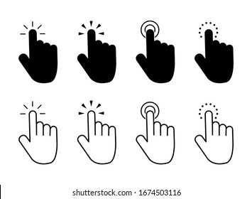 Click finger icon set. Hand touching of cursor. Choose pointer symbol for website, app. Black mouse pointer for technology interface. Tap sign. Touch gesture icon on isolated background. vector