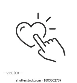 click finger on the heart icon, pushing like, thin line love symbol on a white background, editable stroke vector illustration eps10