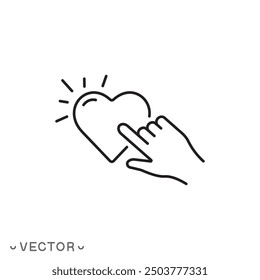 click finger on the heart icon, pushing like, thin line symbol isolated on white background, editable stroke eps 10 vector illustration
