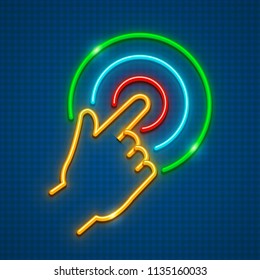 Click finger on touchscreen. Touching screen smartphone. Neon icon with gesture. EPS10 vector illustration.