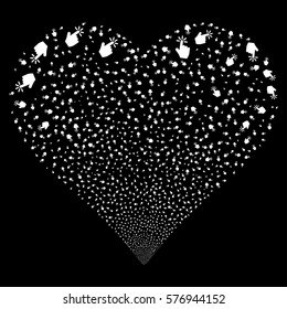 Click fireworks with heart shape. Vector illustration style is flat white iconic symbols on a black background. Object love heart combined from scattered symbols.