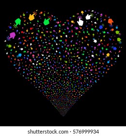 Click fireworks with heart shape. Vector illustration style is flat bright multicolored iconic symbols on a black background. Object valentine heart constructed from confetti pictograms.