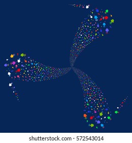 Click fireworks swirl rotation. Vector illustration style is flat bright multicolored iconic symbols on a blue background. Object whirlpool combined from random pictograms.