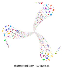 Click fireworks swirl rotation. Vector illustration style is flat bright multicolored iconic symbols on a white background. Object whirl combined from random symbols.