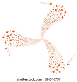 Click fireworks swirl rotation. Vector illustration style is flat orange iconic symbols on a white background. Object whirlpool created from random pictograms.