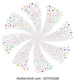 Click fireworks swirl rotation. Vector illustration style is flat bright multicolored iconic symbols on a white background. Object whirl created from random icons.
