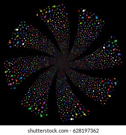 Click fireworks swirl rotation. Vector illustration style is flat bright multicolored iconic symbols on a black background. Object whirlpool made from random icons.