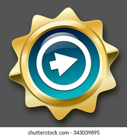 click forward seal or icon with arrow symbol. Glossy golden seal or button.