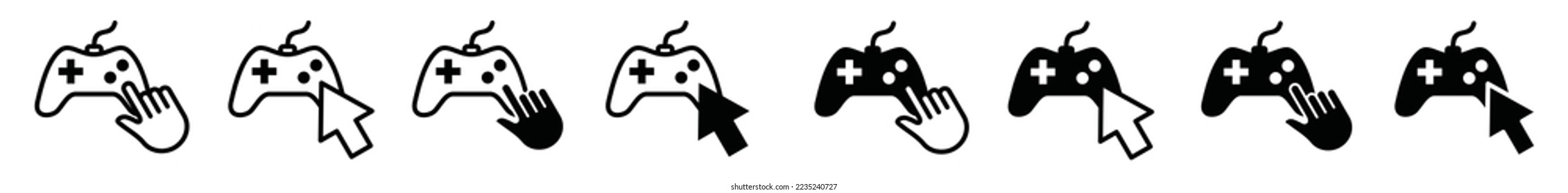 Click game icon set. Game console with hand cursors or arrow cursors in flat and outline style. Start the game or playing game icon collection, vector illustration