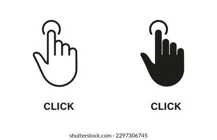 Click Gesture, Hand Cursor of Computer Mouse Line and Silhouette Icon Set. Pointer Finger Press or Point Pictogram. Swipe, Touch, Tap Sign Collection on White Background. Isolated Vector Illustration.