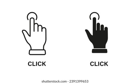 Haga clic en Gesto, Cursor manual de la línea del ratón del equipo y Conjunto de iconos de silueta. Puntero Dedo Press o Pictograma puntal. Swipe, Touch, Tap Sign Collection on White Background. Ilustración de vectores aislados.