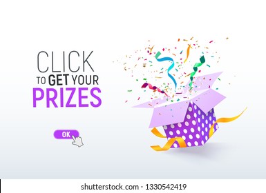 Click To Get Your Prizes Open Textured Purple Box With Confetti Explosion Inside. Flying Particles From Giftbox Vector Illustration On Light Background. Winning Illustration Template