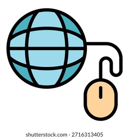 Clique no ícone de biblioteca global. Contornar clique em ícone de vetor de biblioteca global cor plana isolada