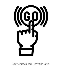 Hacer clic y go App etiqueta producto línea de precaución icono Vector. Hacer clic y go App etiqueta producto signo de precaución. contorno aislado símbolo negro ilustración