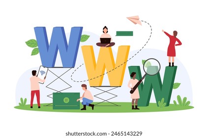 Click to go to online website, visit webpage for shopping and internet surfing, social media. Tiny people search with magnifying glass www address of digital page cartoon vector illustration