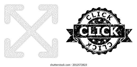 Click grunge stamp and vector enlarge arrows mesh model. Black stamp seal includes Click text inside ribbon and rosette. Abstract 2d mesh enlarge arrows, created from flat mesh.