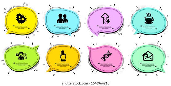 Haga clic en la mano, Café y envíe señales de correo. Burlas de chat con citas. Los iconos de la línea de discusión de bacterias, usuarios y personas se establecen. Adn de química, Símbolos de cultivo de energía. Antibacteriano, Par de personas. Vector