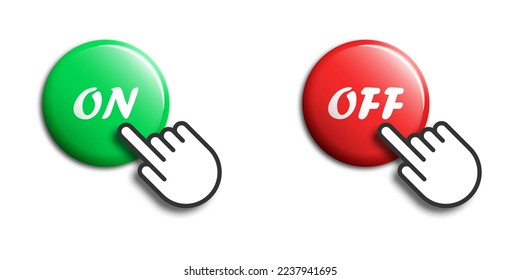 Click hand cursor with buttons and text On Off. Clicking hand on and off buttons in red and green colors. Flat vector illustration.