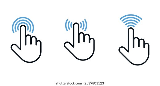 Icono del cursor de la mano del Hacer clic aislado en el fondo blanco. Hacer clic aquí Botón. Iconos Web Vector. Icono de la pantalla del ordenador. cursor del ratón, puntero, Hacer clic, flecha.