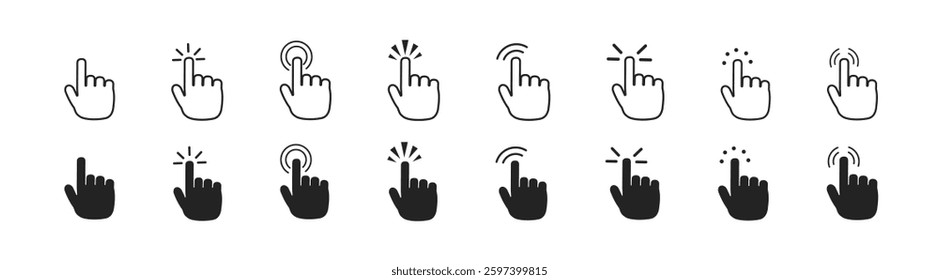 Click hand cursor icon set, hand pointer icon. Hand cursor and pointer icon for app, ui and website. Hand clicks. Vector illustration