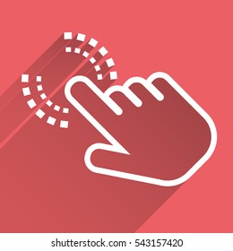 Click hand icon. Cursor finger sign flat vector. Illustration with long shadow on pink red background.