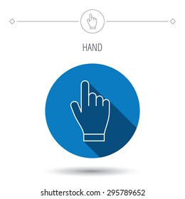 Click hand icon. Press or push pointer sign. Blue flat circle button. Linear icon with shadow. Vector