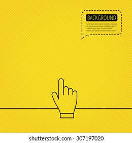 Click hand icon. Press or push pointer sign. Speech bubble of dotted line. Orange background. Vector