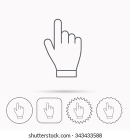Click hand icon. Press or push pointer sign. Linear circle, square and star buttons with icons.