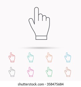Click hand icon. Press or push pointer sign. Linear icons on white background.