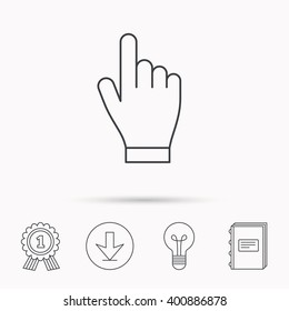 Click hand icon. Press or push pointer sign. Download arrow, lamp, learn book and award medal icons.