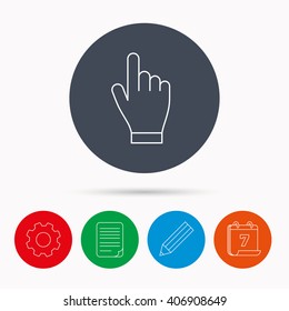 Click hand icon. Press or push pointer sign. Calendar, cogwheel, document file and pencil icons.