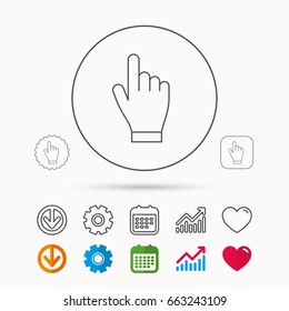 Click hand icon. Press or push pointer sign. Calendar, Graph chart and Cogwheel signs. Download and Heart love linear web icons. Vector