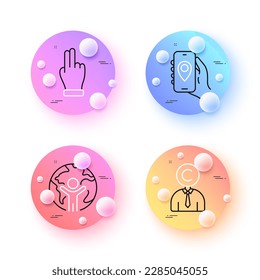 Haga clic en la mano, Aplicación de ubicación e iconos de línea mínima de Copyrighter. botones de esferas o bolas 3d. Iconos de negocios globales. Para web, aplicación, impresión. Vector