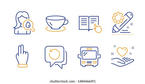 Click hand, Project edit and Espresso line icons set. Bus, Moisturizing cream and Recovery data signs. Read instruction, Hold heart symbols. Direction finger, Settings. Business set. Vector