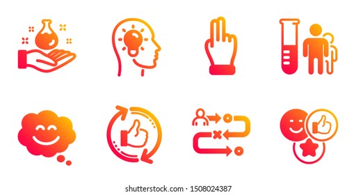 Click hand, Refresh like and Smile chat line icons set. Journey path, Idea head and Medical analyzes signs. Chemistry lab, Like symbols. Direction finger, Thumbs up counter. People set. Vector