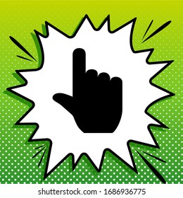 Haga clic en el signo de la mano. Icono negro sobre la parte blanca Splash en fondo verde con puntos blancos.  Ilustración.