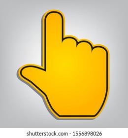Click hand sign. Flat orange icon with overlapping linear black icon with gray shadow at whitish background. Illustration.