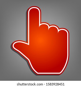 Click hand sign. Flat red icon with linear white icon with gray shadow at grayish background. Illustration.