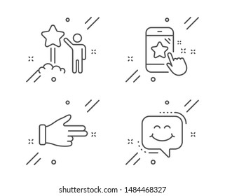 Click hand, Star rating and Star line icons set. Smile chat sign. Direction finger, Phone feedback, Launch rating. Happy face. People set. Line click hand outline icon. Vector