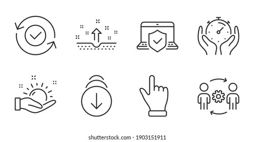 Click Hand, Sunny Weather And Timer Line Icons Set. Clean Skin, Scroll Down And Security Confirmed Signs. Laptop Insurance, Engineering Team Symbols. Quality Line Icons. Click Hand Badge. Vector