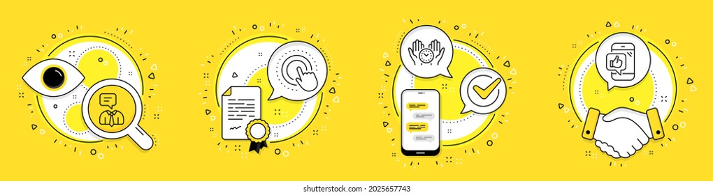 Click hand, Support service and Safe time line icons set. Licence, cell phone and deal vector icons. Mobile like sign. Touch gesture, Human talking, Management. Phone thumbs up. People set. Vector
