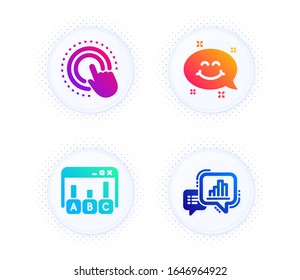 Click hand, Survey results and Smile chat icons simple set. Button with halftone dots. Graph chart sign. Touch gesture, Best answer, Happy emoticon. Growth report. Technology set. Vector