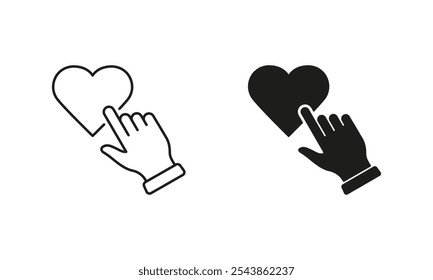 Pictograma Hacer clic del Botón de la forma del corazón. Toque con el dedo en la línea del corazón y el conjunto de iconos de silueta. Amor en el símbolo del día de San Valentín. Trazo Editable. Ilustración vectorial aislada.