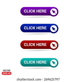 Click Here. Abstract beautiful text button with icon. Purple Button, Blue Button, Red Button, Green Button, Turquoise button. web design element. Call to action icon button