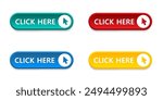 Click here arrow button click icon. Click here vector web button. Web button with arrow pointer action. Click here ui button concept. Vector illustration