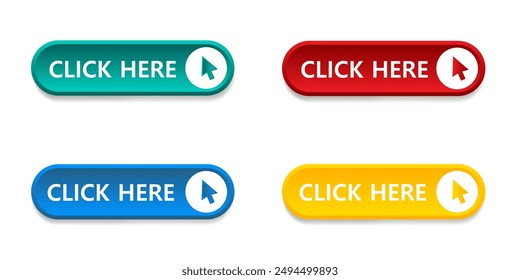 Click here arrow button click icon. Click here vector web button. Web button with arrow pointer action. Click here ui button concept. Vector illustration