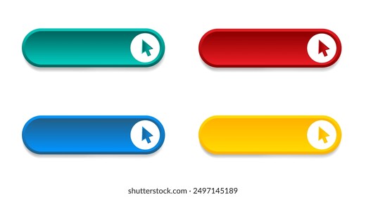 Click here arrow button click icon. Click here vector web button. Web button with arrow pointer action. Click here ui button concept. Vector illustration